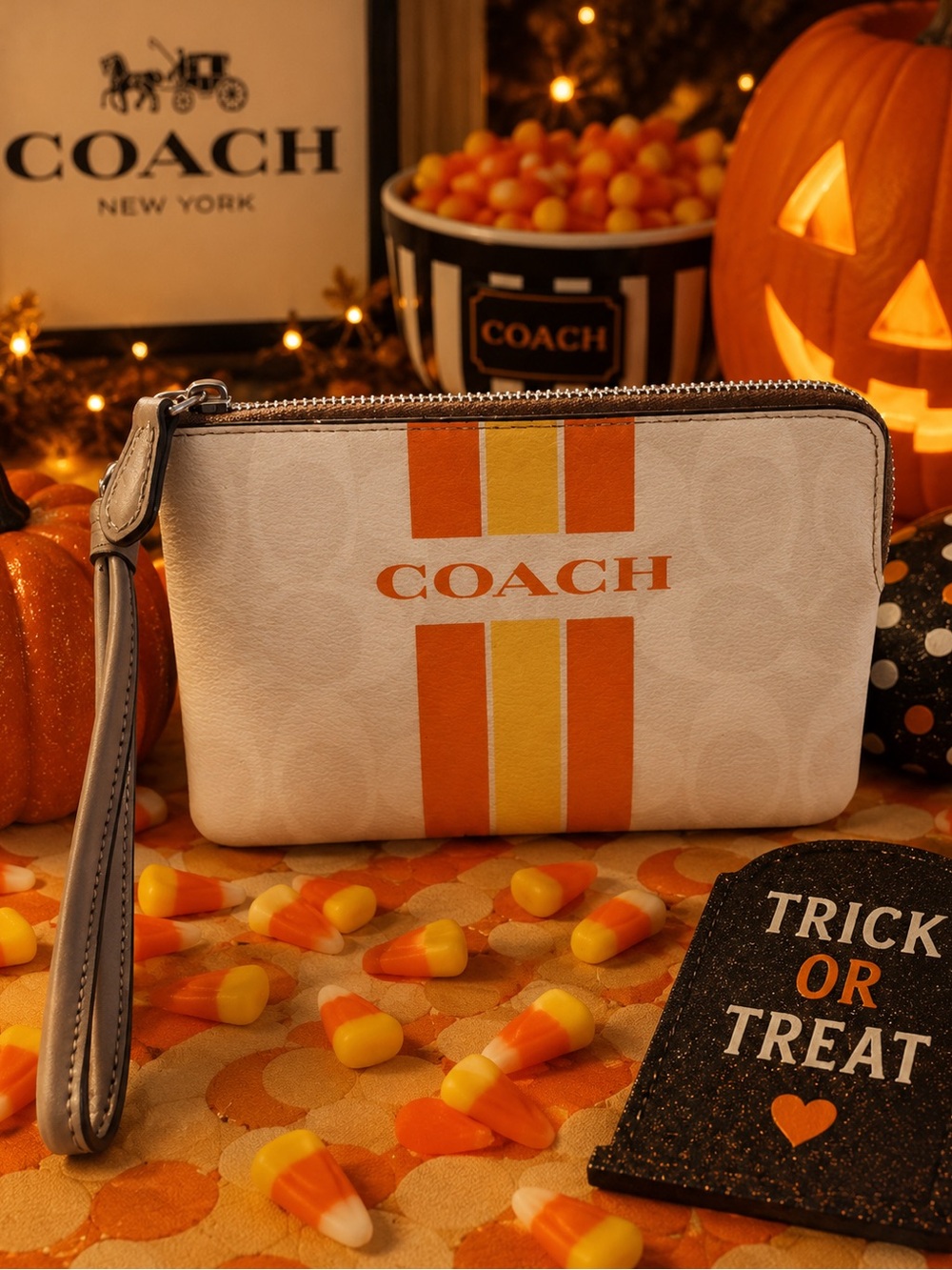 Coach White Wristlet with Orange & Yellow Racing Stripes
